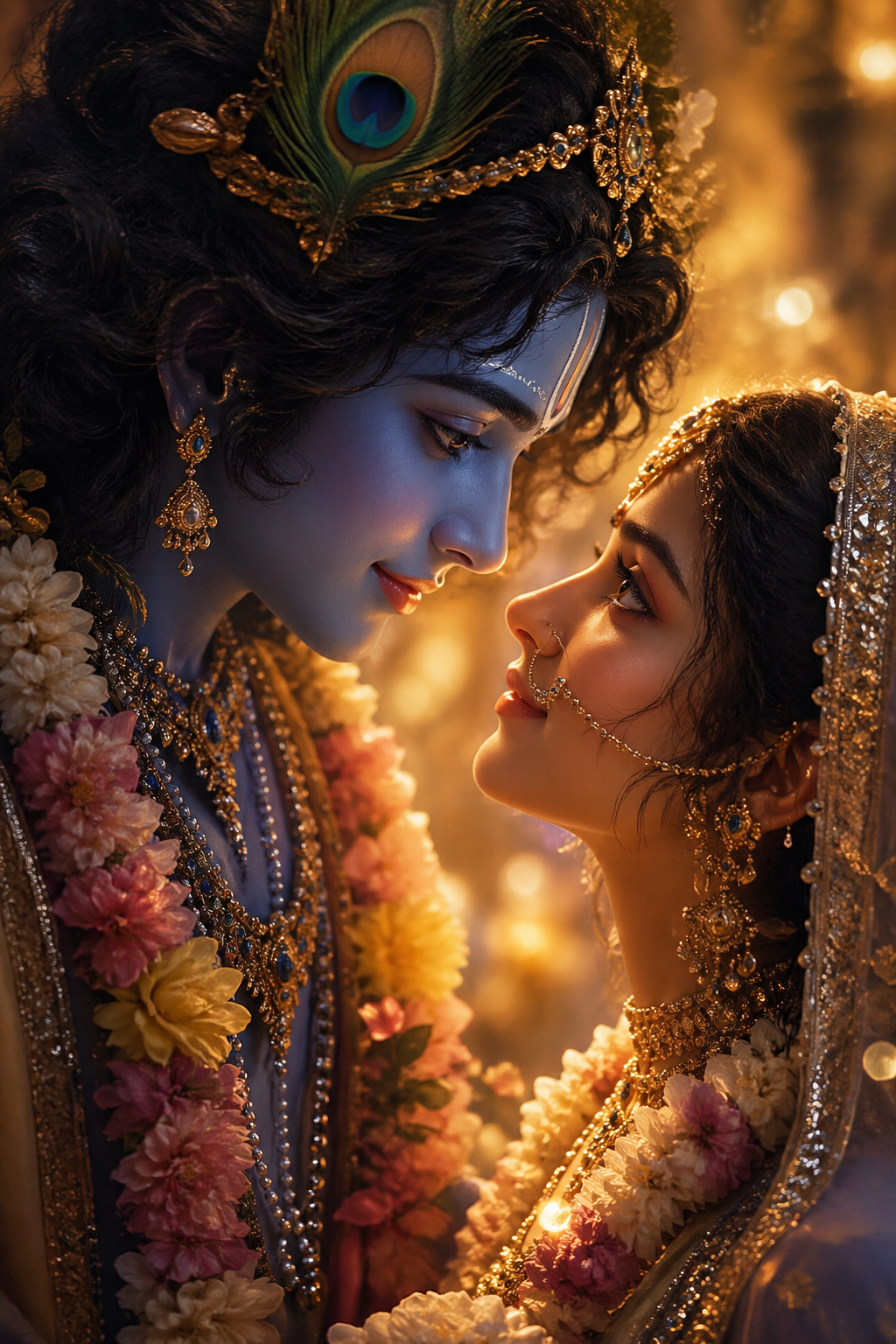 Radha and Krishna gazing into each others eyes with flower garlands and golden bokeh background